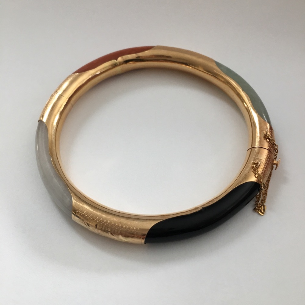 Multi Color Jade Solid 14k Hinged Bangle Bracelet - image 2